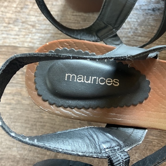 Maurices Faux Wood Heeled‎ Sandals Studded Block Heel Black Leather - Picture 5 of 10